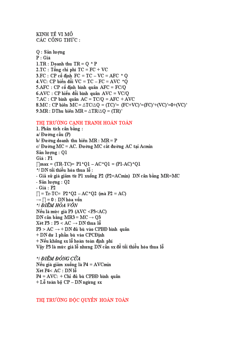 Tổng hợp tất cả công thức môn kinh tế vi mô