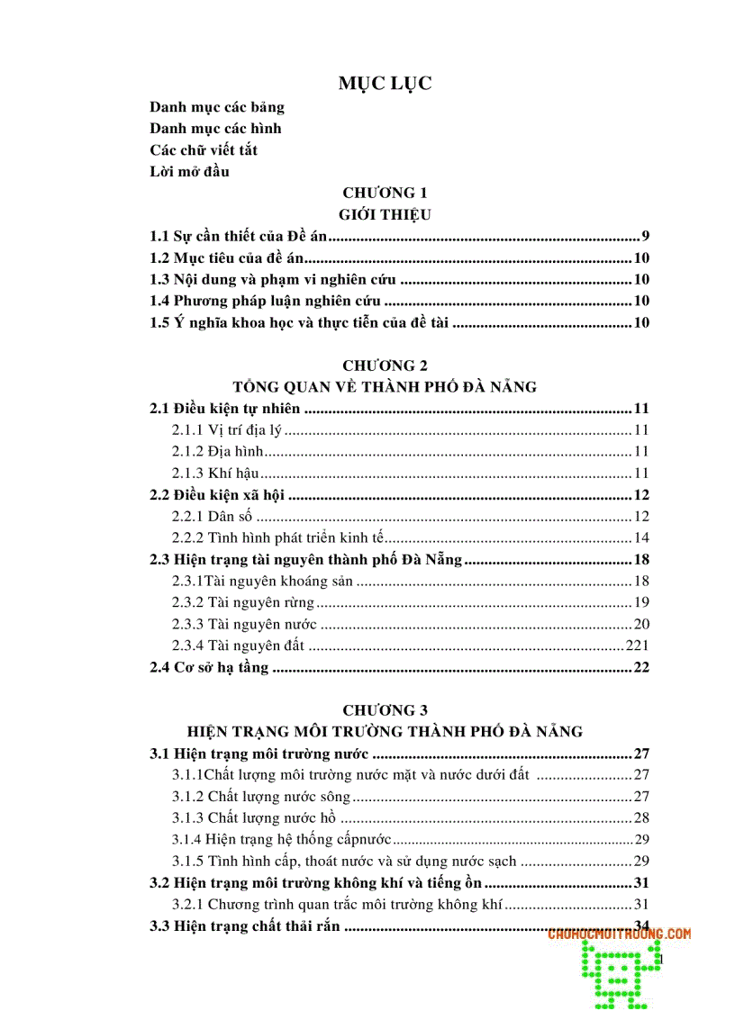 Đánh giá hiện trạng môi trường thành phố Đà Nẵng và xây dựng chiến lược bảo vệ môi trường từ 2010 đến 2015 83 trang