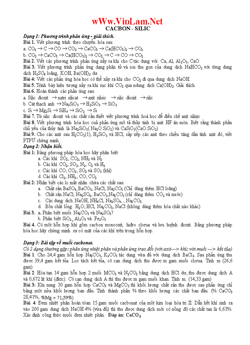 Các dạng bài tập phần cac bon silic hóa lớp 11