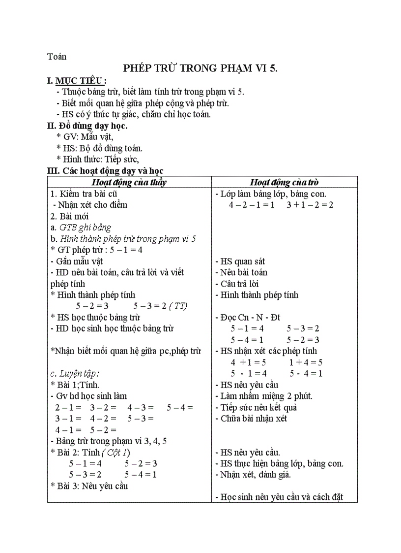 Toán PHÉP TRỪ TRONG PHẠM VI 5