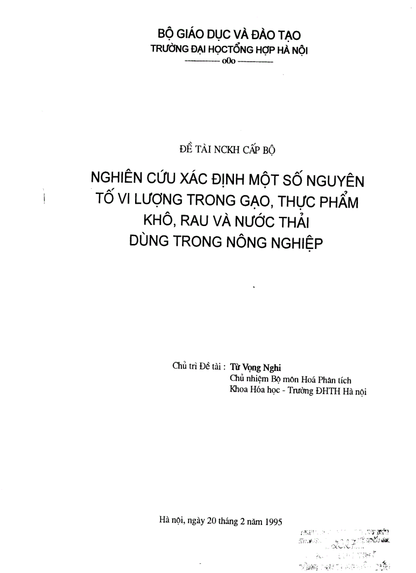 Đánh giá thành phần các nguyên tố vi lượng trong gạo thực phẩm khô rau và nước thải dùng trong nông nghiệp