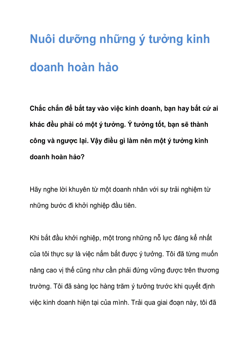 Nuôi dưỡng những ý tưởng kinh doanh hoàn hảo