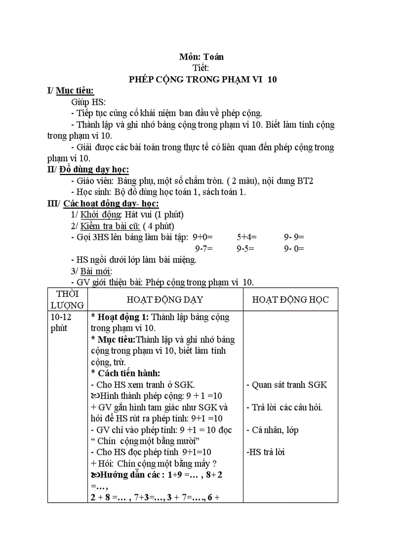 Toán PHÉP CỘNG TRONG PHẠM VI 10