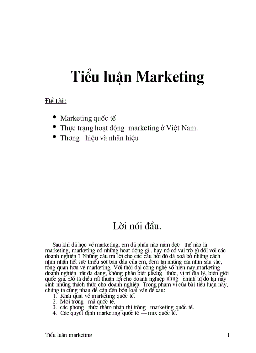 Tiểu luận marketing Marketing quốc tế thực trạng hoạt động marketing ở Việt Nam Thương hiệu và nhãn hiệu