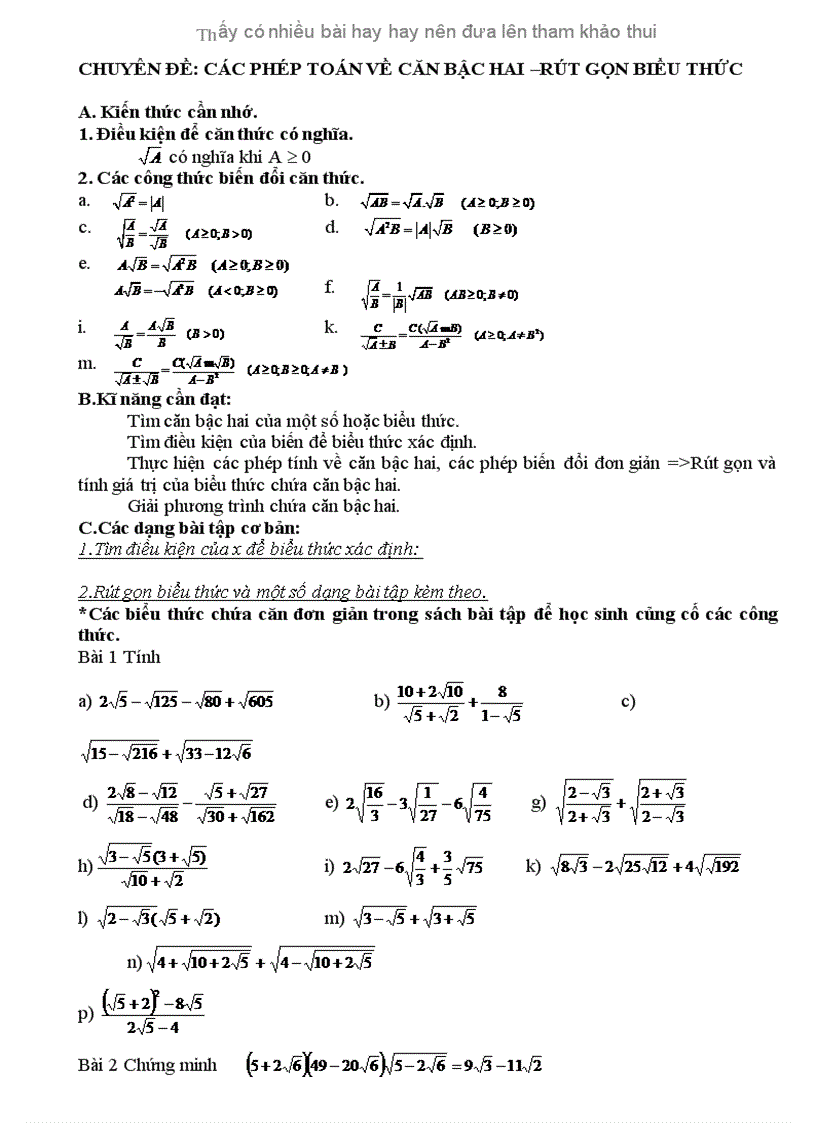 Chuyên đề Các phép toán về căn bậc hai rút gọn biểu thức
