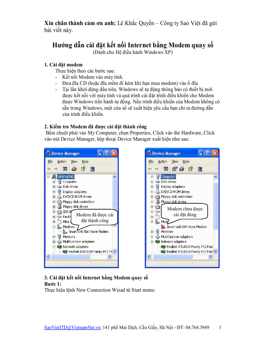 Hướng dẫn cài đặt kết nối Internet bằng Modem quay số Dành cho Hệ điều hành Windows XP