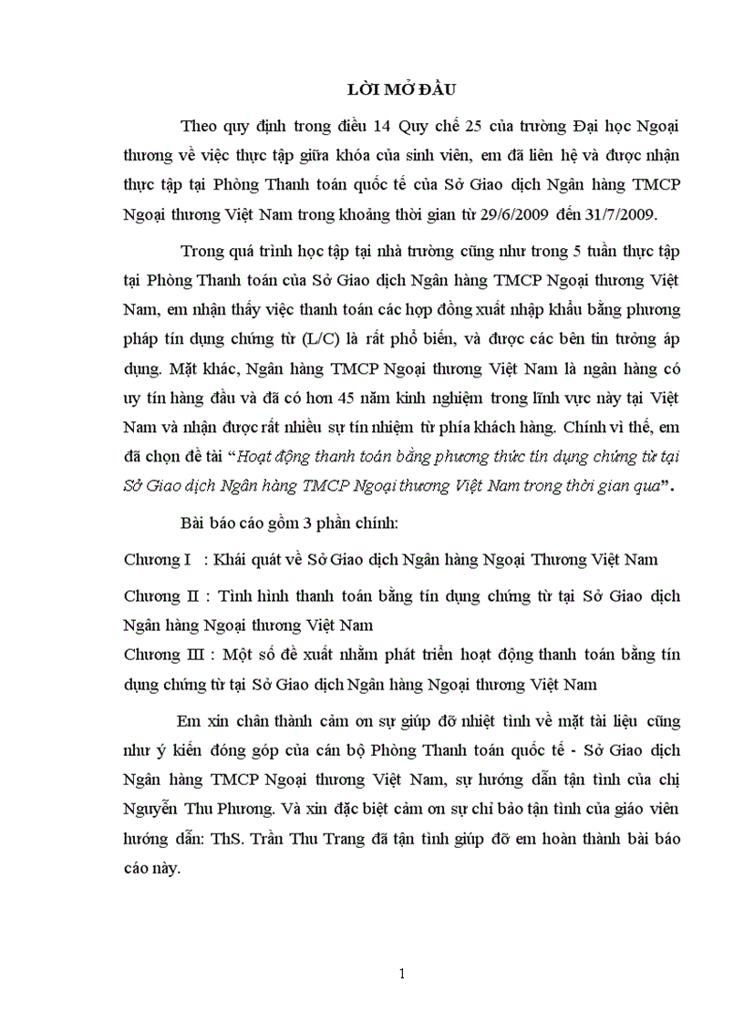 Hoạt động thanh toán bằng phương thức tín dụng chứng từ tại Sở Giao dịch Ngân hàng thương mại cổ phần Ngoại thương Việt Nam trong thời gian qua
