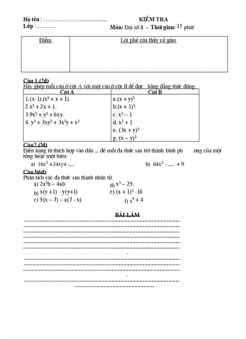 KIỂM TRA Môn Đại số 8 Thời gian 15 ph