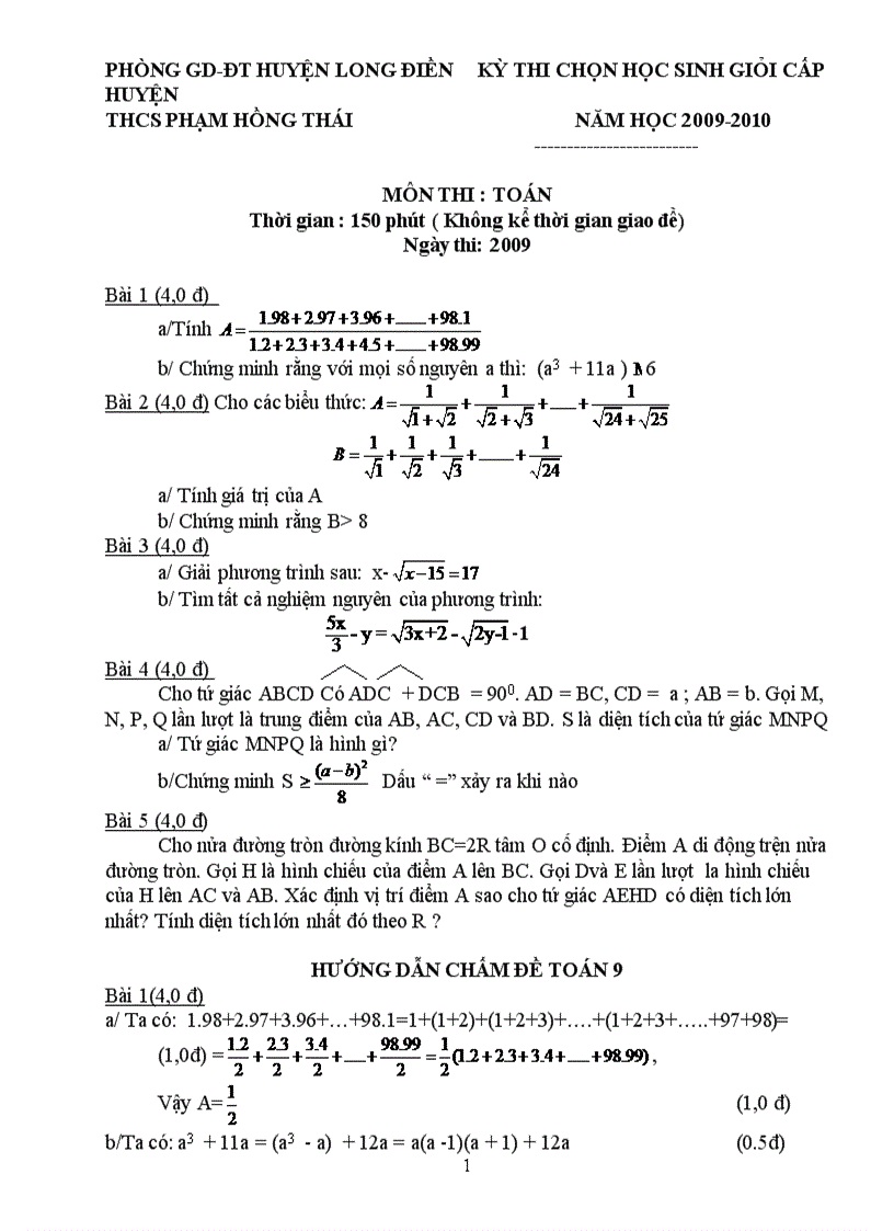 Kỳ thi chọn học sinh giỏi lớp 10 năm học 2009 2010 môn thi Toán