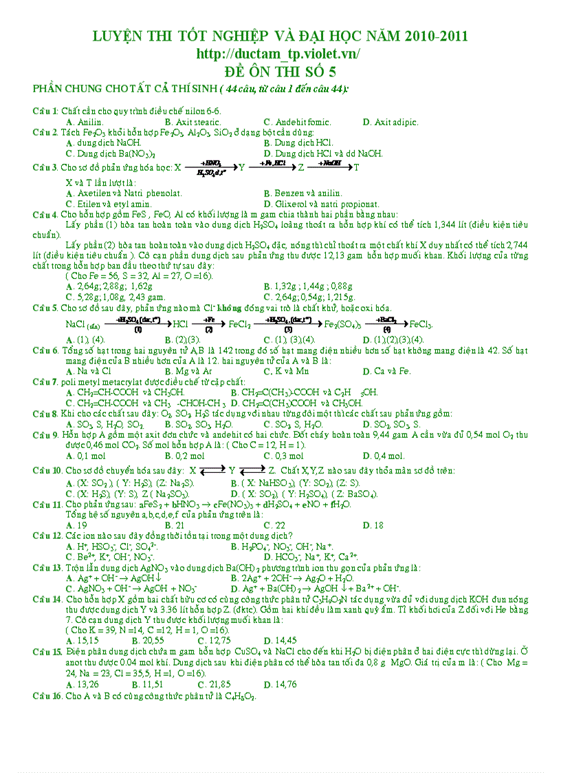 Luyện thi tốt nghiệp và đại học năm 2010 2011 đề ôn thi số 5