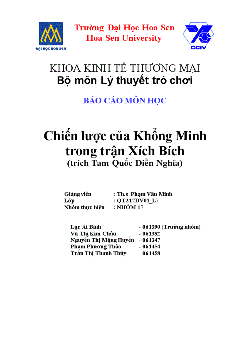 Chiến lược của Khổng Minh trong trận Xích Bích trích Tam Quốc Diễn Nghĩa tiểu luận Lý thuyết trò chơi