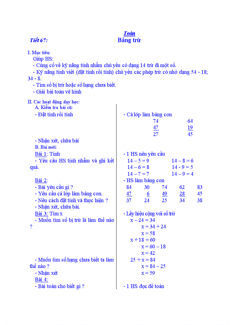 Toán Bảng trừ