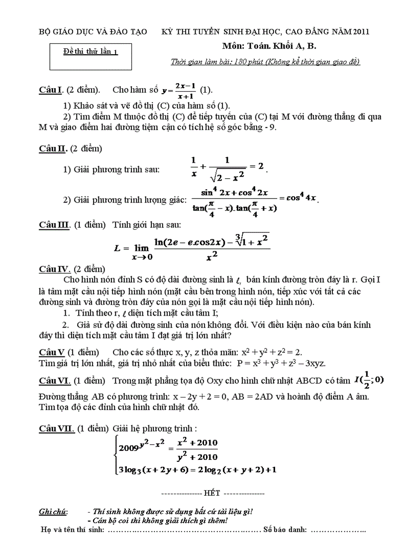 Đề thi thử MÔN TOÁN một số trường năm 2011 hay có đáp án Word