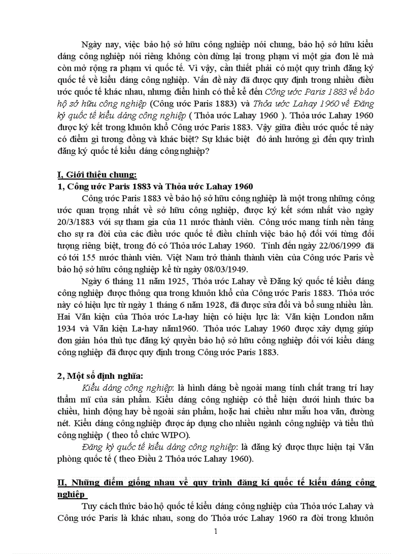 So sánh công ước Paris 1883 về bảo vệ sở hữu công nghiệp và thỏa ước Lahay 1960 về đăng ký quốc tế kiểu dáng công nghiệp