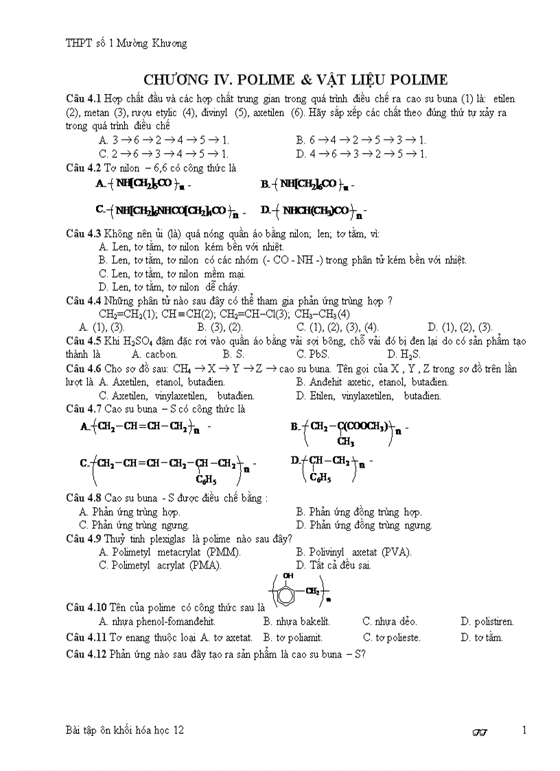 Bài tập Chương iv Polime vật liệu polime