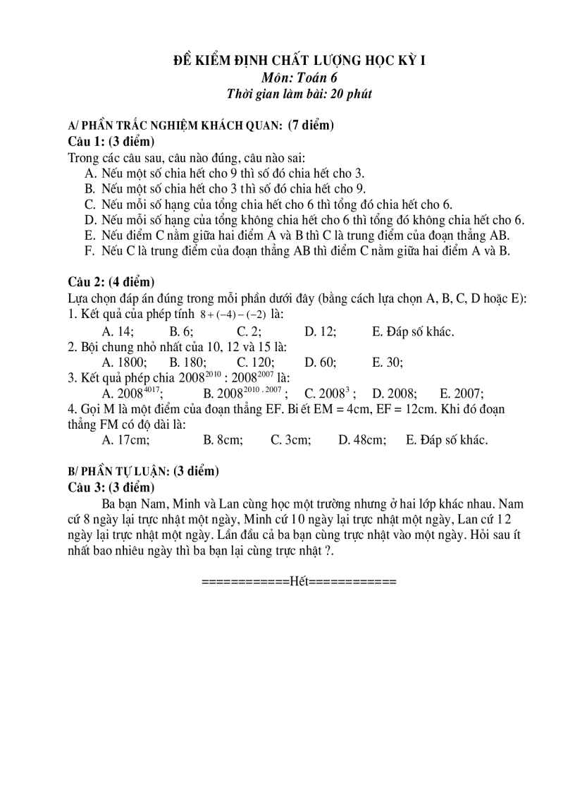 Đề kiểm định chất lượng toán lớp 6