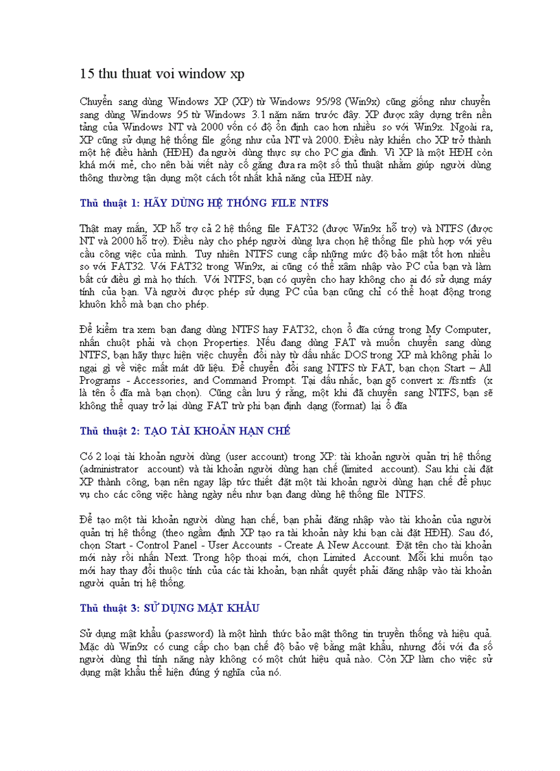 15 thủ thuật với Windows Xp