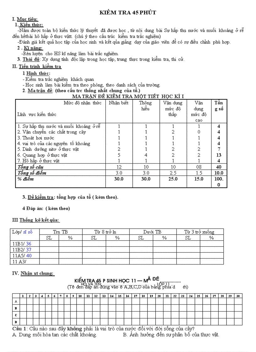 KIỂM TRA 45 PHÚT môn sinh