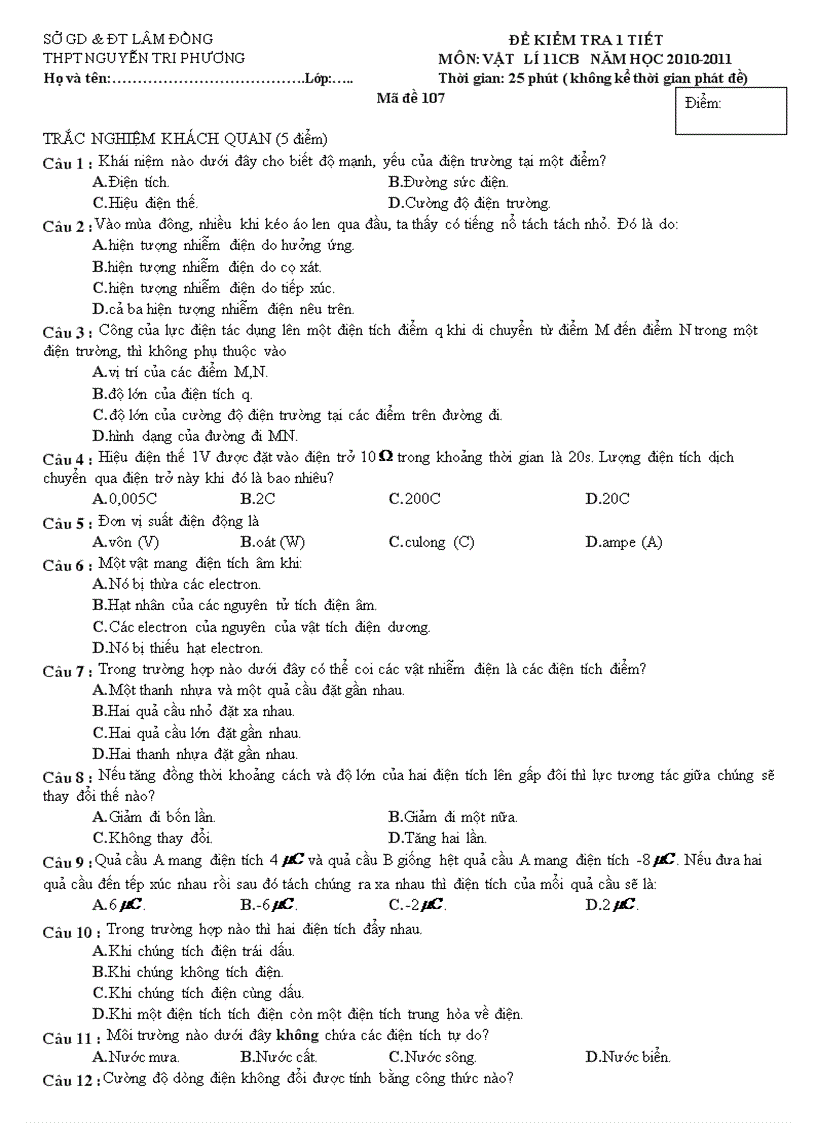 Đề kiểm tra 1 tiết môn Vật lí 11 cb năm học 2010 2011