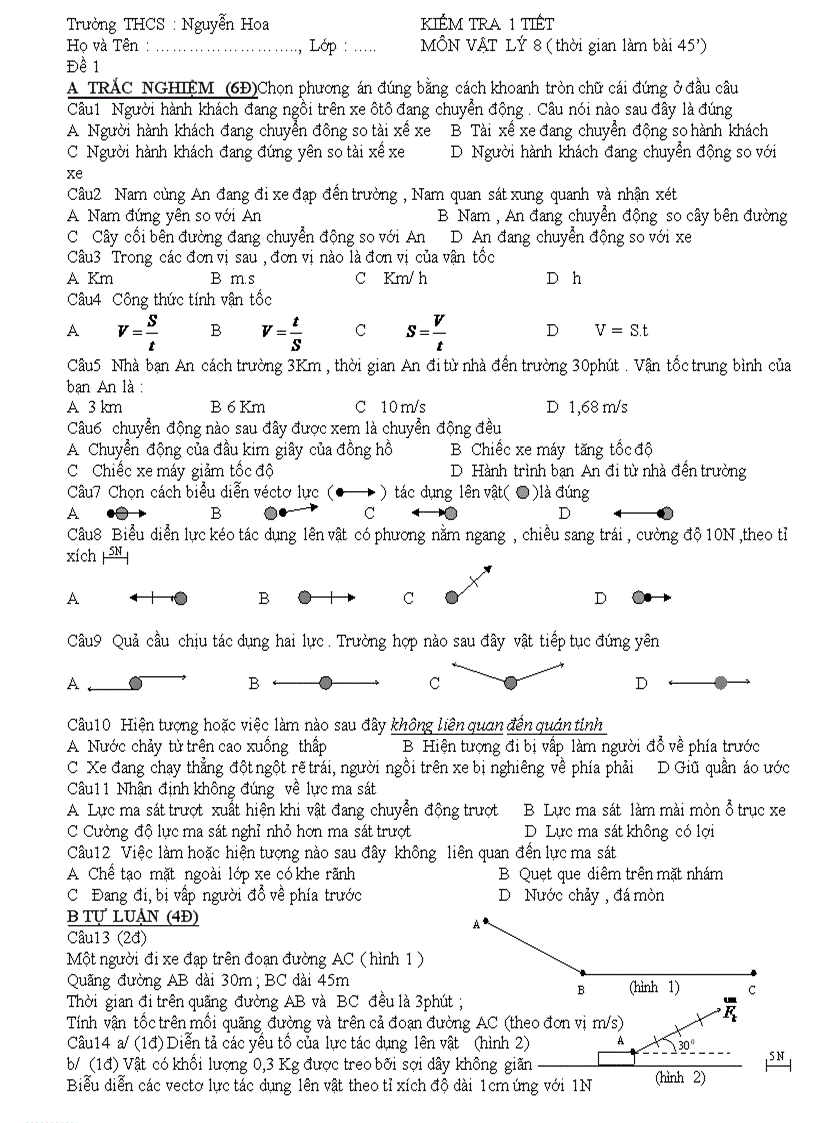 Đề kiểm tra 1 tiết môn vật lý 8