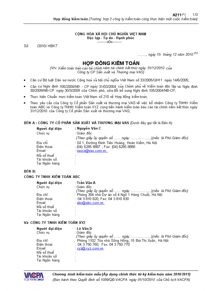 Mẫu Hợp đồng kiểm toán 2 công ty kiểm toán cùng thực hiện 1 cuộc kiểm toán A211