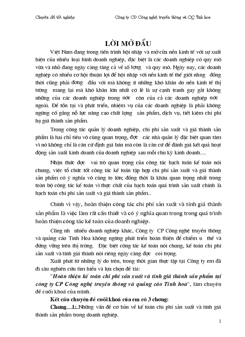 Hoàn thiện kế toán chi phí sản xuất và tính giá thành sản phẩm công ty truyền thông và quảng cáo Tinh Hoa
