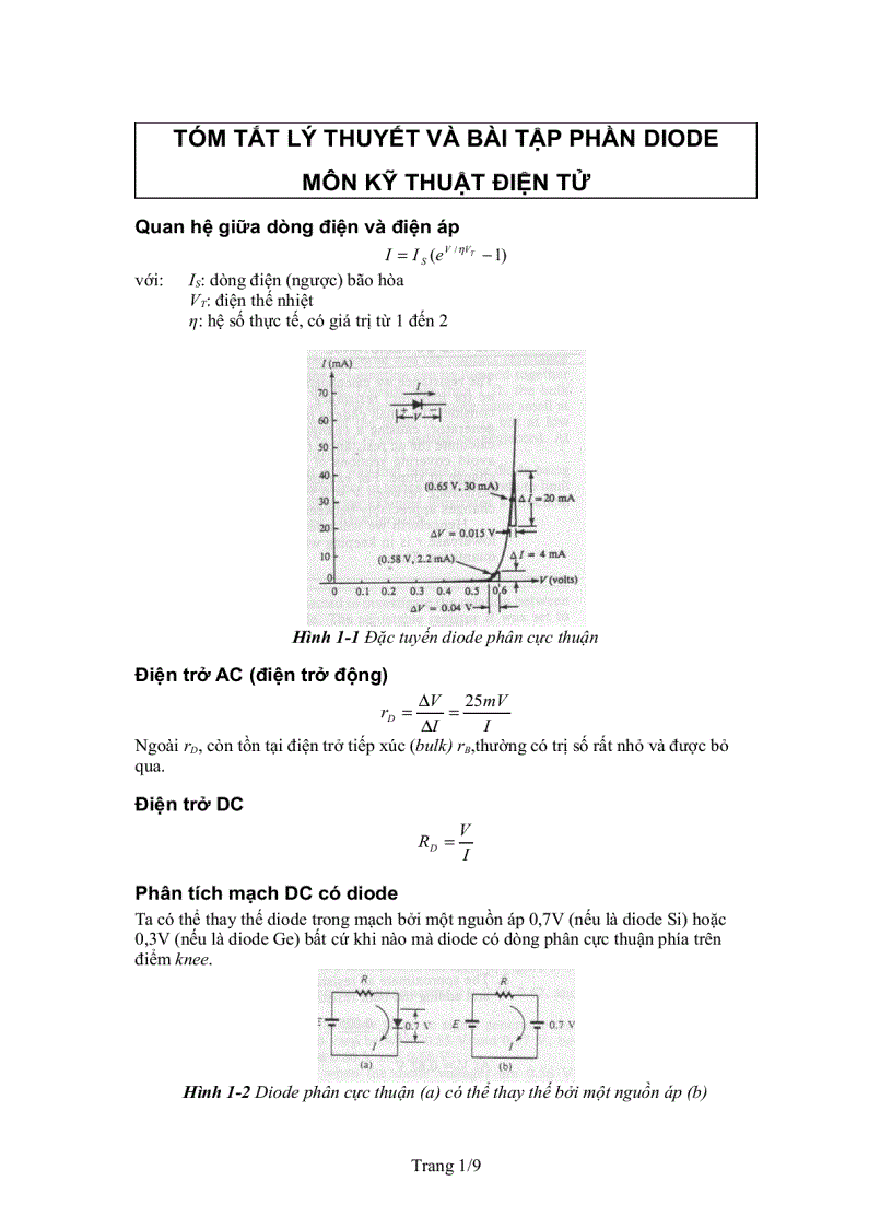 Tóm tắt lý thuyết và bài tập phần diode môn kỹ thuật điện tử