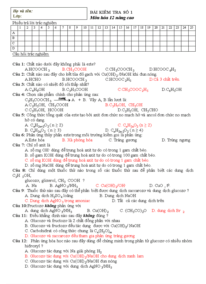BÀI KIỂM TRA SỐ 1 Môn hóa 12 nâng cao