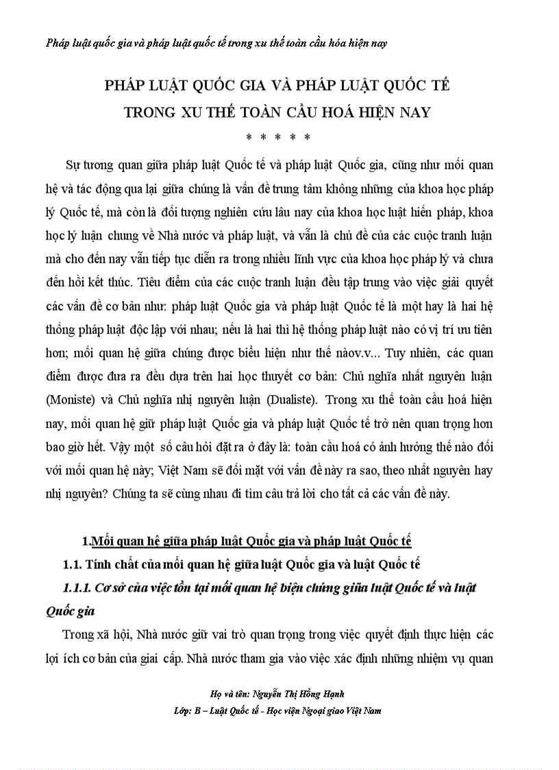Pháp luật quốc gia và pháp luật quốc tế trong xu thế toàn cầu hoá hiện nay