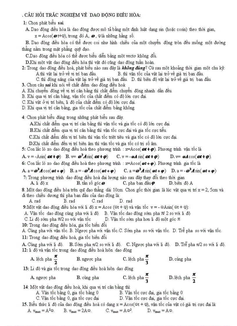 Câu hỏi trắc nghiệm về dao động điều hòa