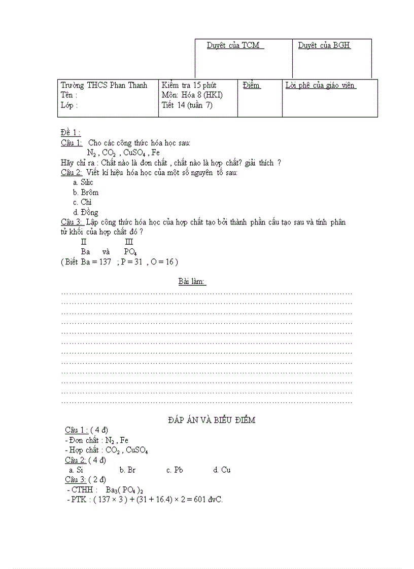 Kiểm tra 15 phút Môn Hóa 8 HKI Tiết 14 tuần 7