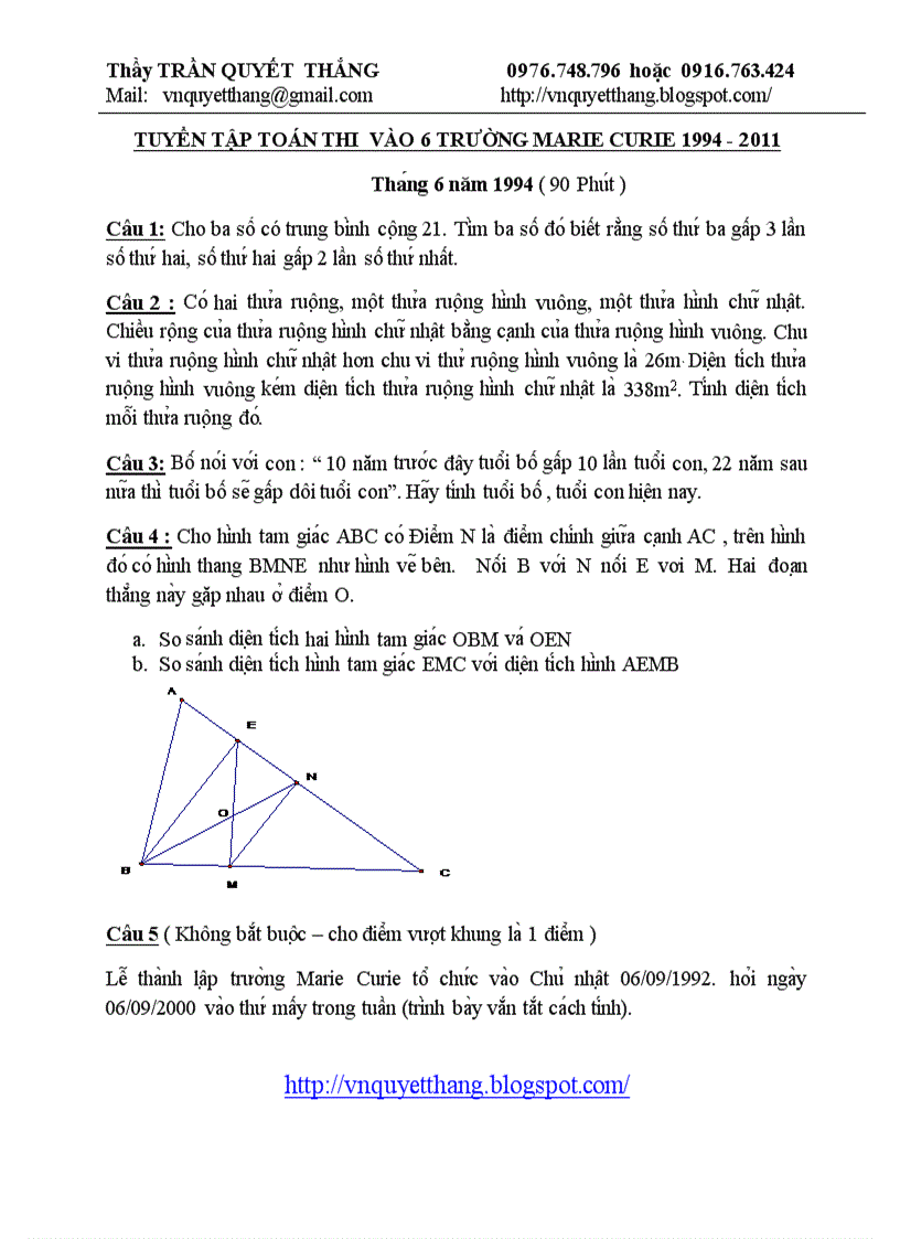 Tuyển tập đề toán của trường Marie Curie