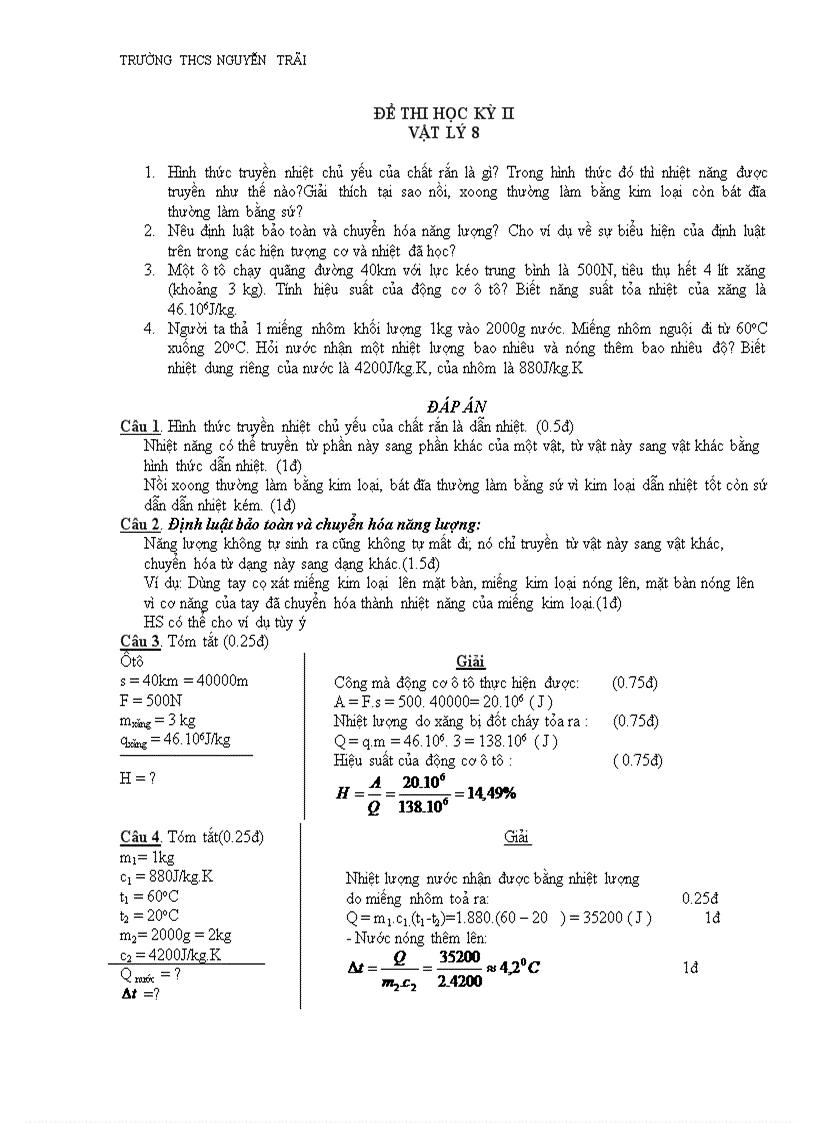 ĐỀ THI HỌC KỲ II VẬT LÝ 8 năm 2008