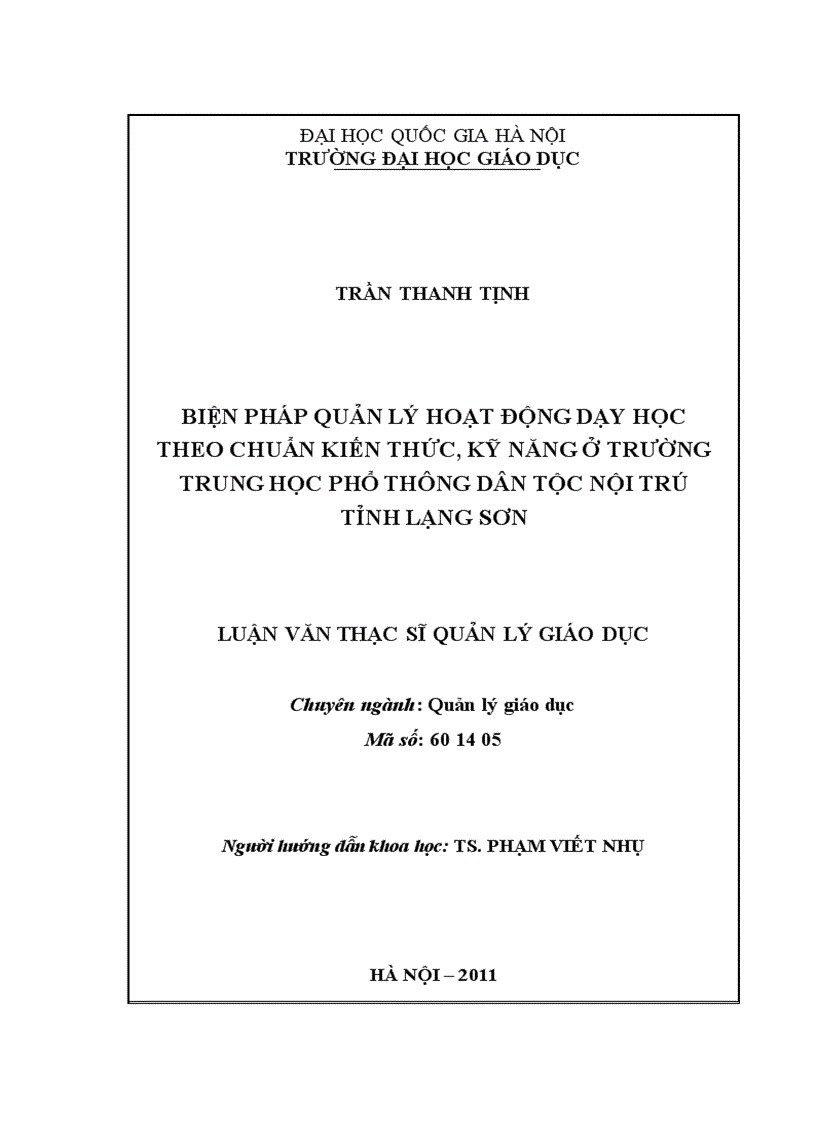 Đề cương luận văn Biện pháp quản lý hoạt động dạy học theo Chuẩn kiến thức kỹ năng ở trường THPT Dân tộc nội trú tỉnh Lạng Sơn 1