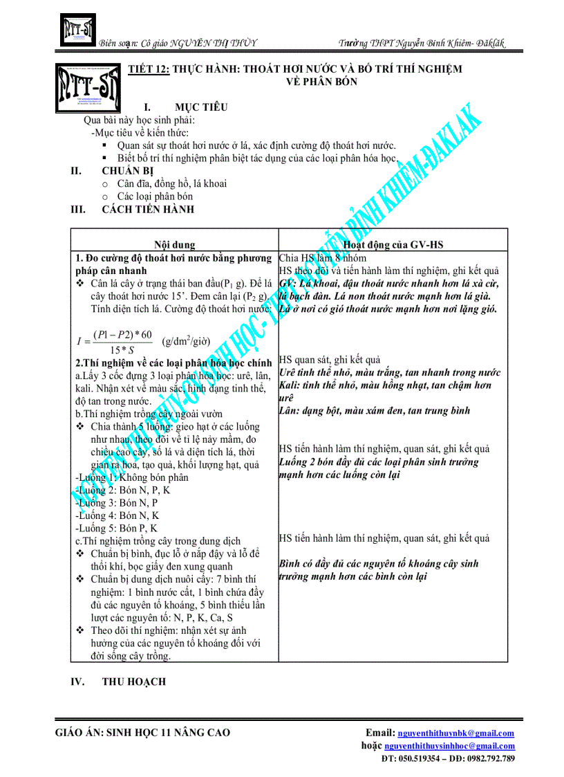 Giáo án Sinh 11 nâng cao tiết 12