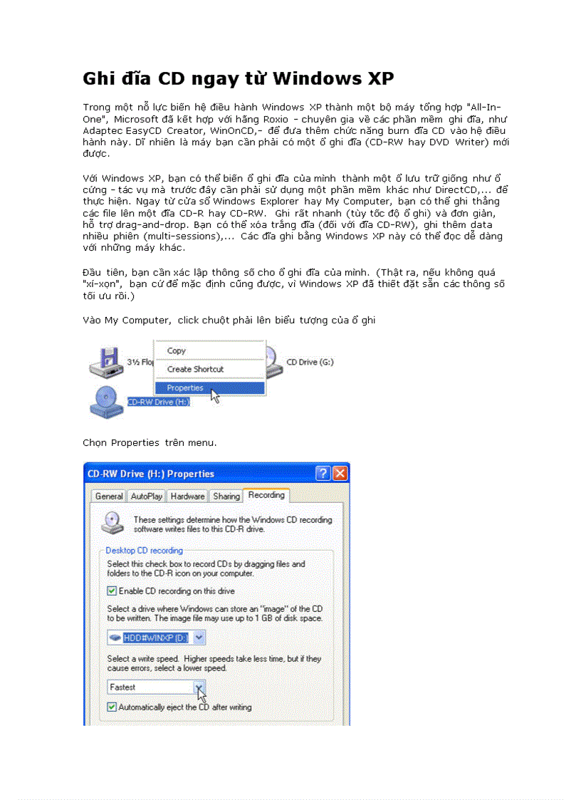 Ghi đĩa CD ngay từ Windows XP