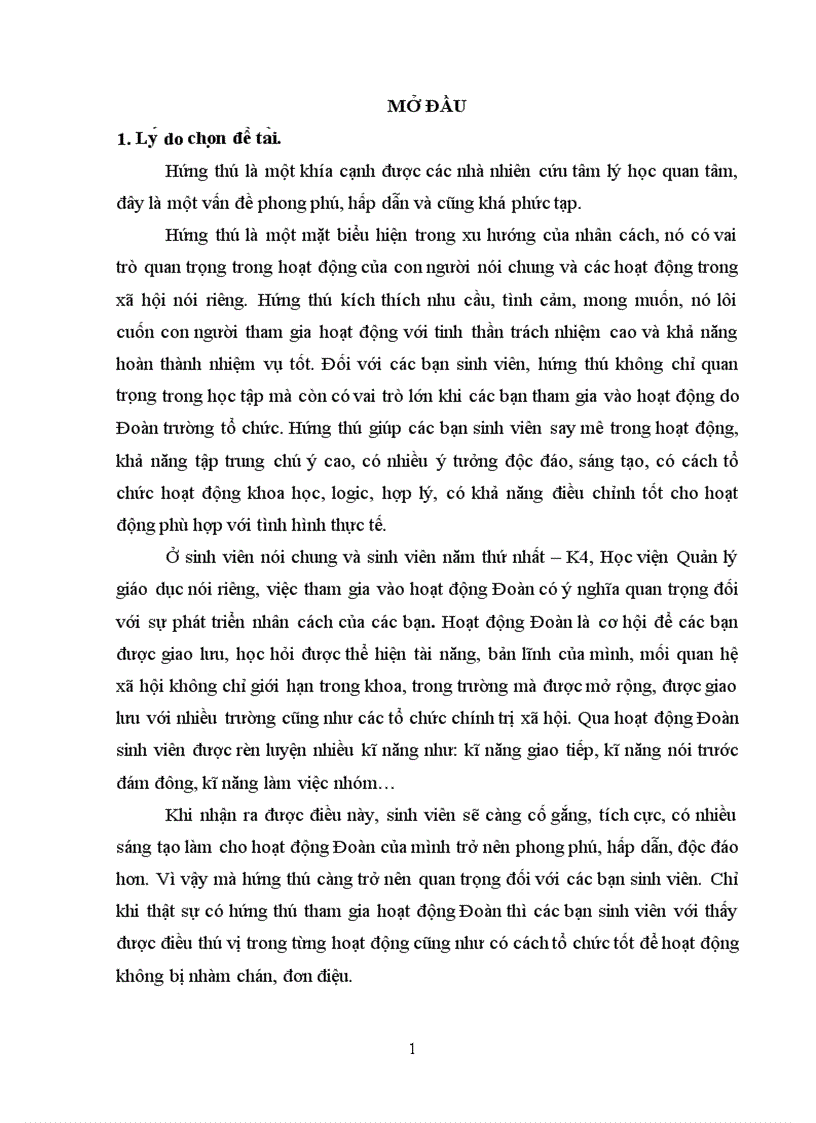Hứng thú hoạt động Đoàn của sinh viên năm thứ nhất Học viện Quản lý giáo dục 66trang