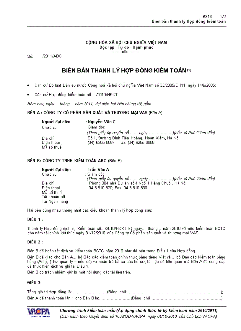 Mẫu Biên bản thanh lý Hợp đồng kiểm toán A213