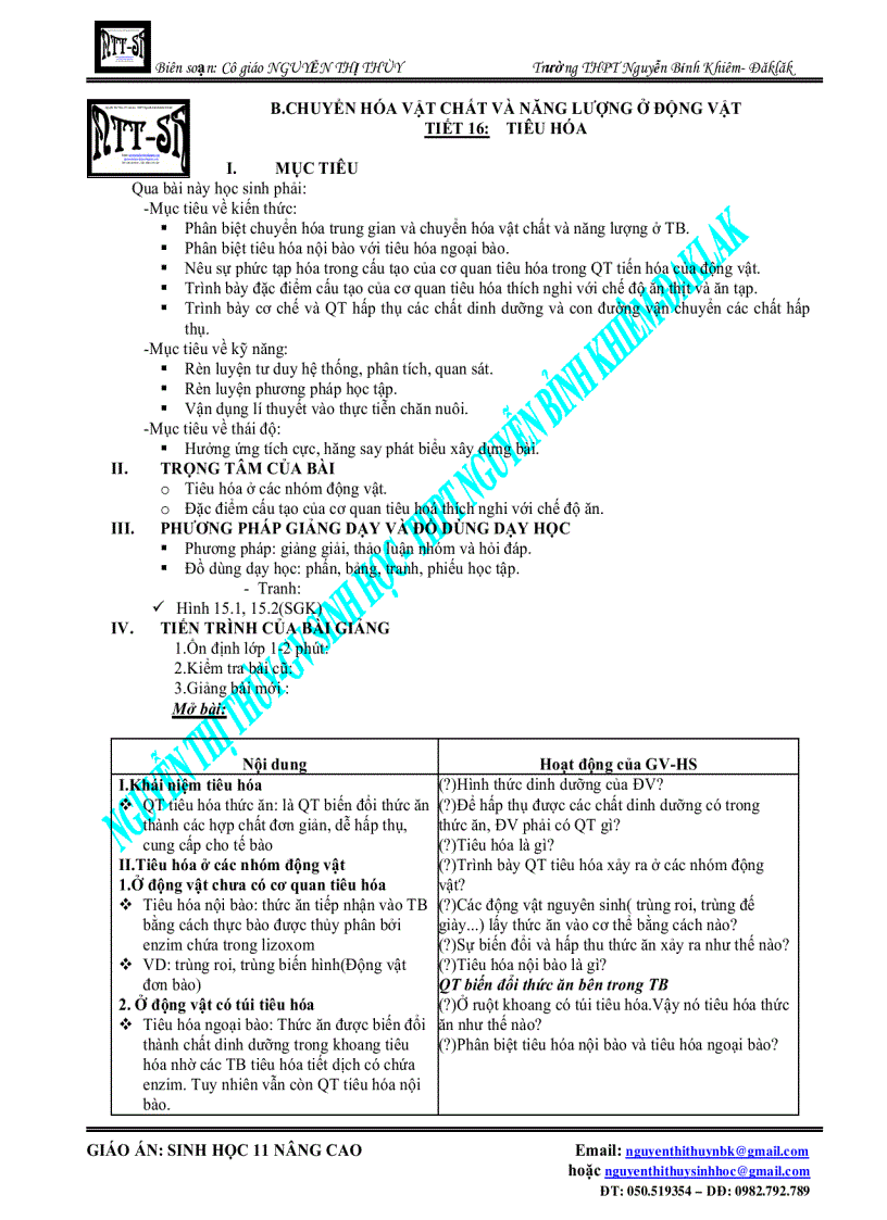 Giáo án Sinh 11 nâng cao tiết 16