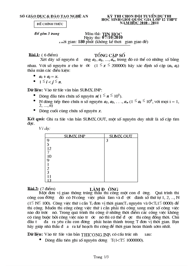 Download Đề thi chọn đội tuyển quốc gia môn tin học tỉnh Nghê An năm học 2010 2011 Vòng 1 doc