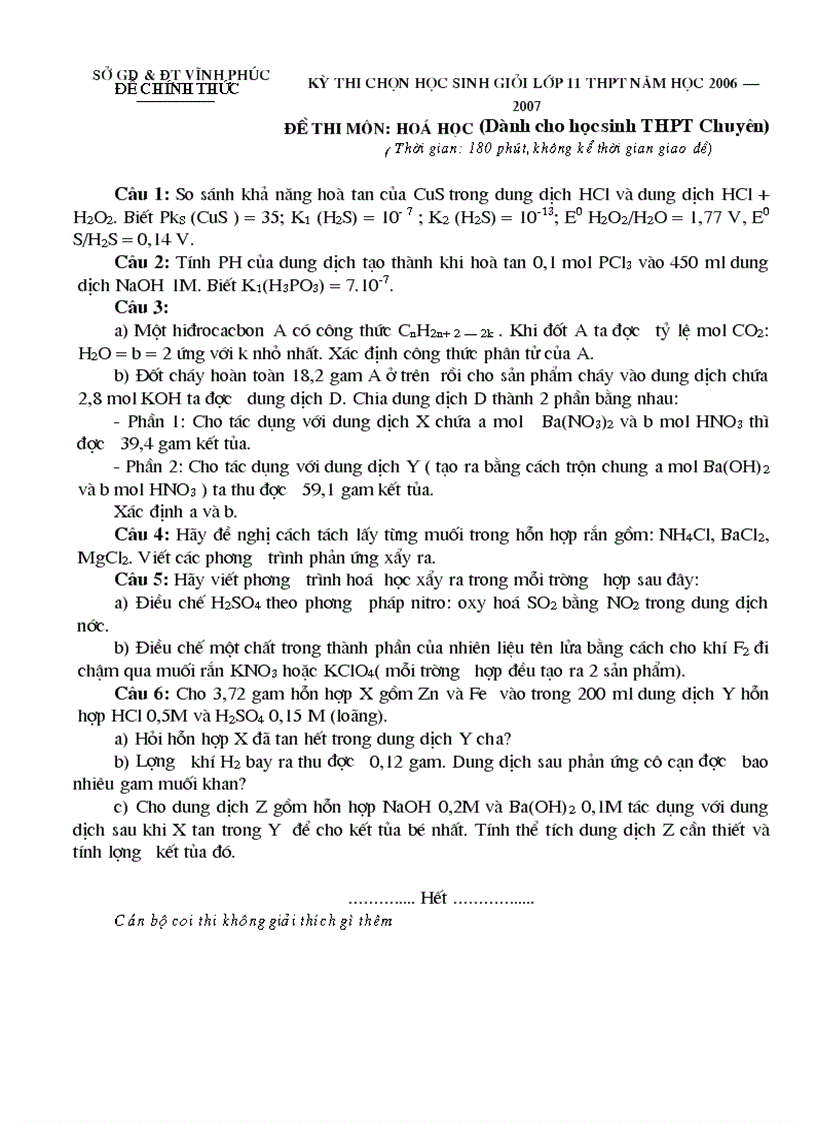 Kỳ thi chọn học sinh giỏi lớp 11 thpt Năm học 2006 2007 đỊ thi môn hoá học Dành cho học sinh THPT Chuyên