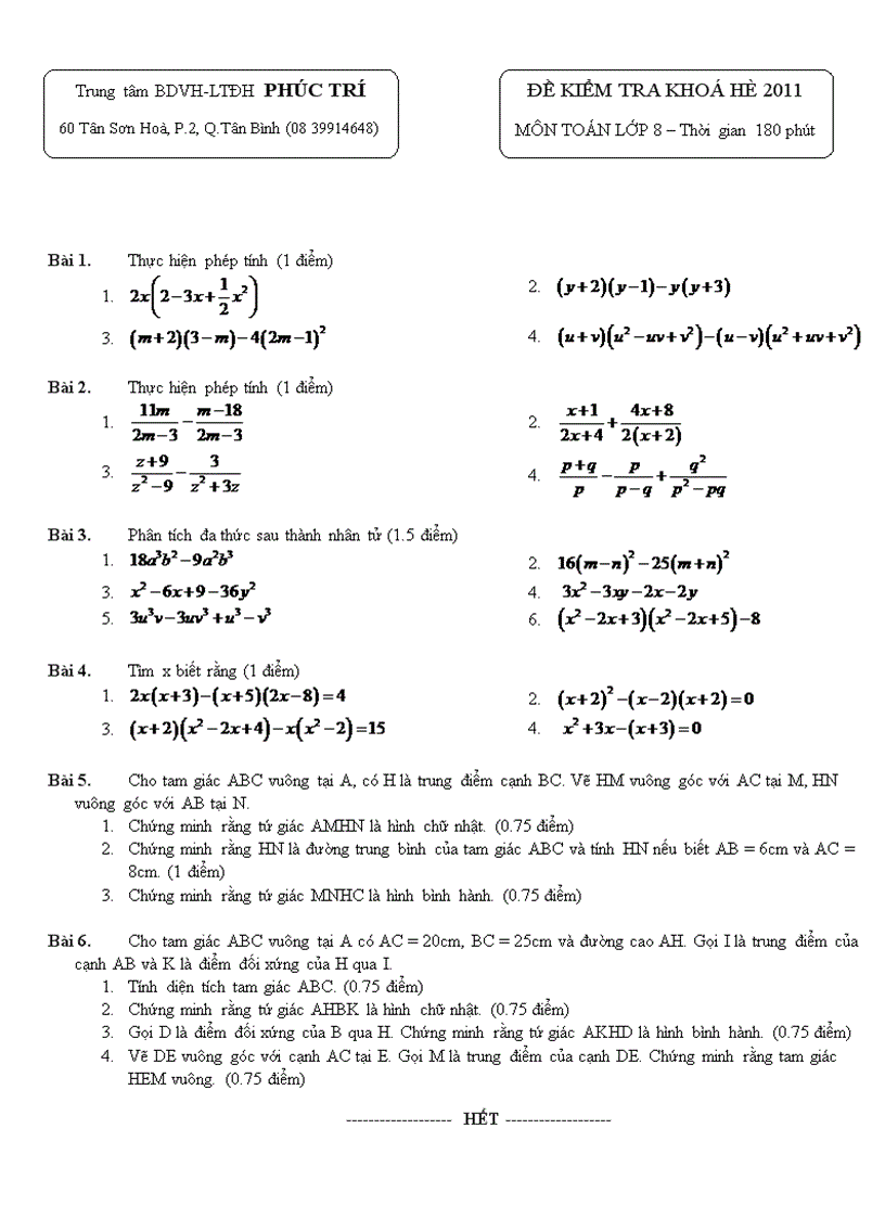 ĐỀ KIỂM TRA KHOÁ HÈ 2011 MÔN TOÁN LỚP 8 Thời gian 180 phút