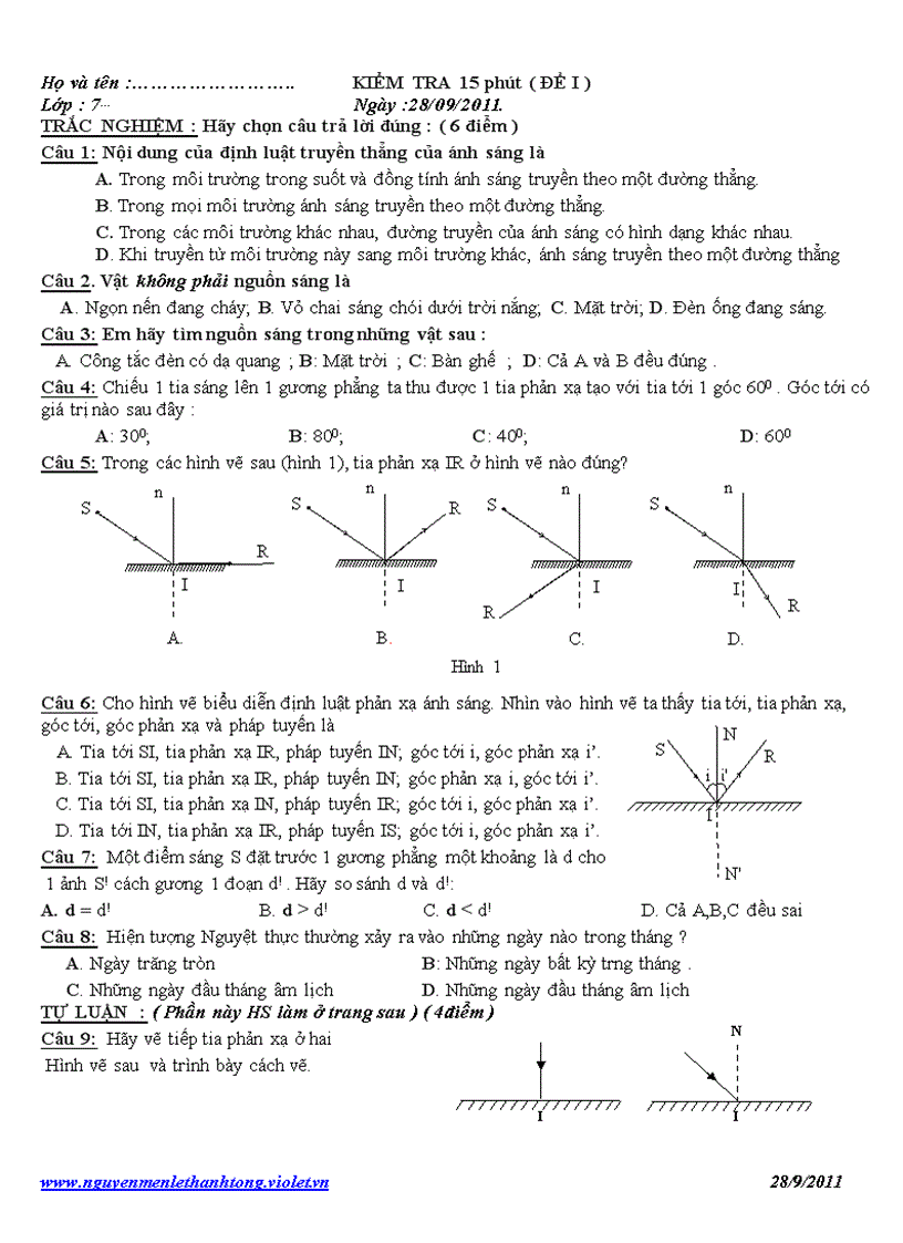 KIỂM TRA vật lí 15 phút ĐỀ I Lớp 7 Ngày 28 09 2011
