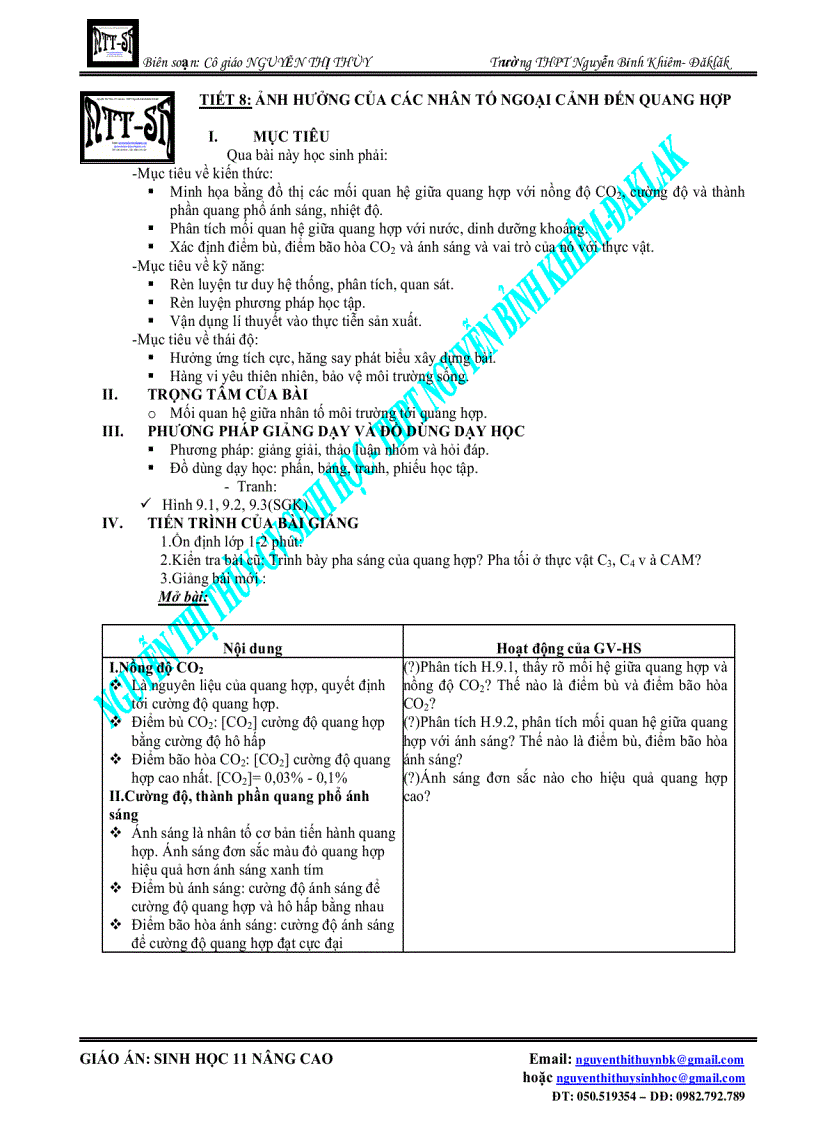 Giáo án Sinh 11 nâng cao tiết 8