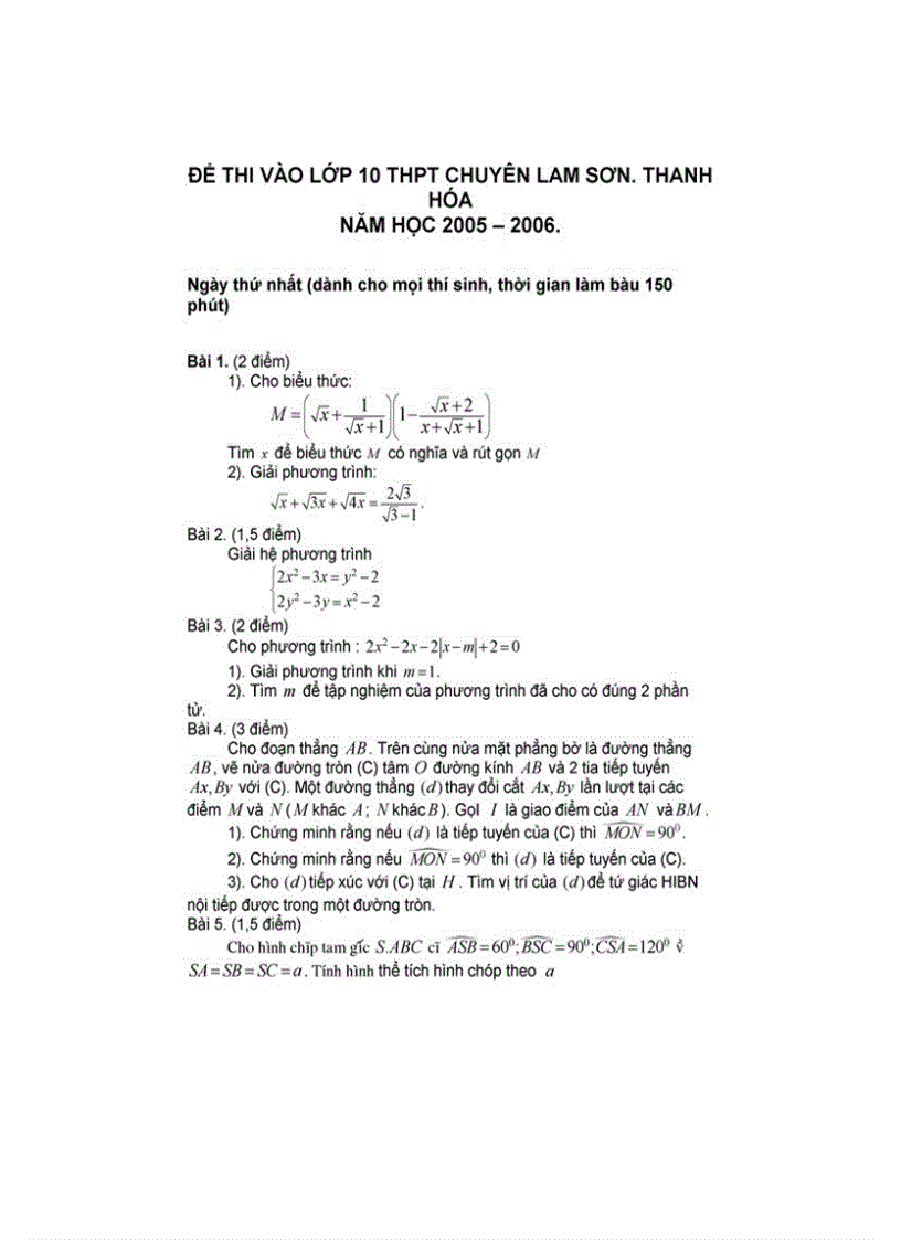 Đề thi tuyển sinh vào lớp 10 chuyên THPT Lam sơn năm 2005 2006
