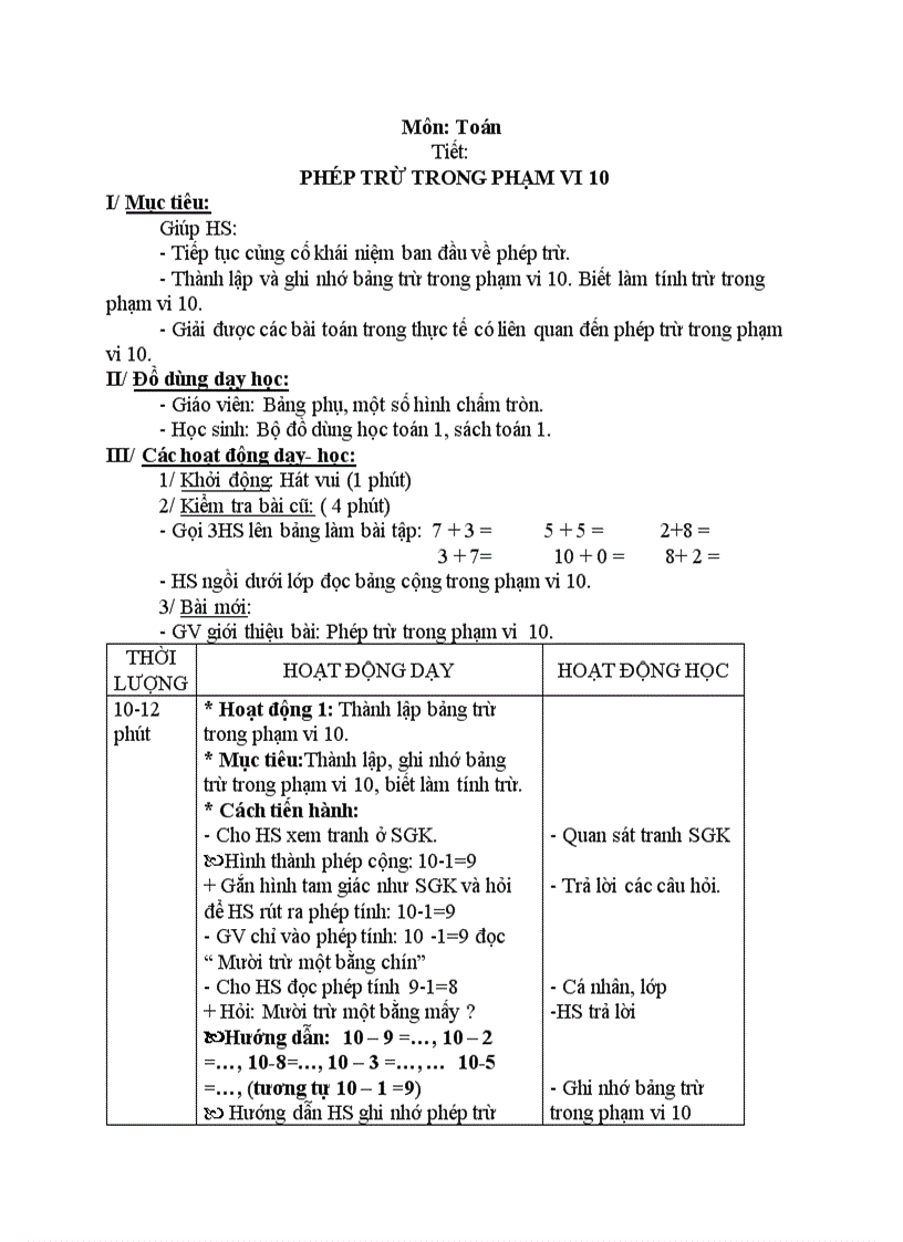 Toán PHÉP TRỪ TRONG PHẠM VI 10