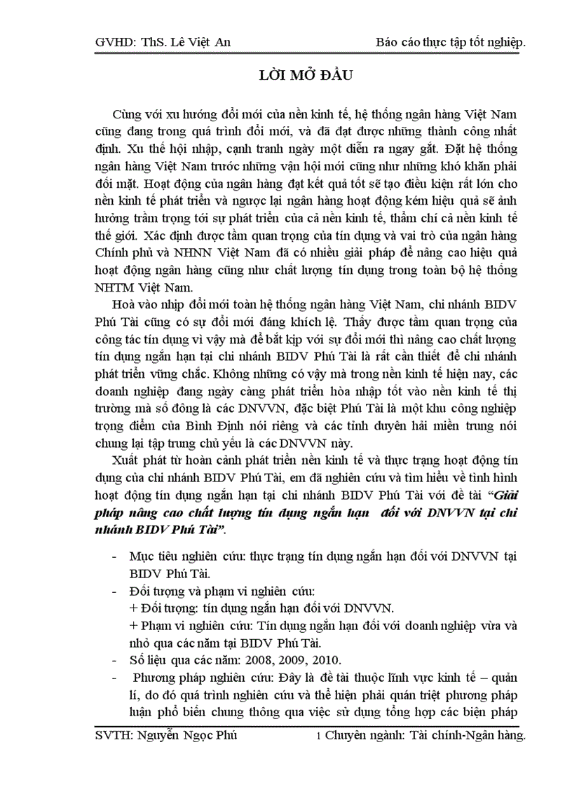 Giải pháp nâng cao chất lượng tín dụng ngắn hạn đối với DNVVN tại chi nhánh BIDV Phú Tài