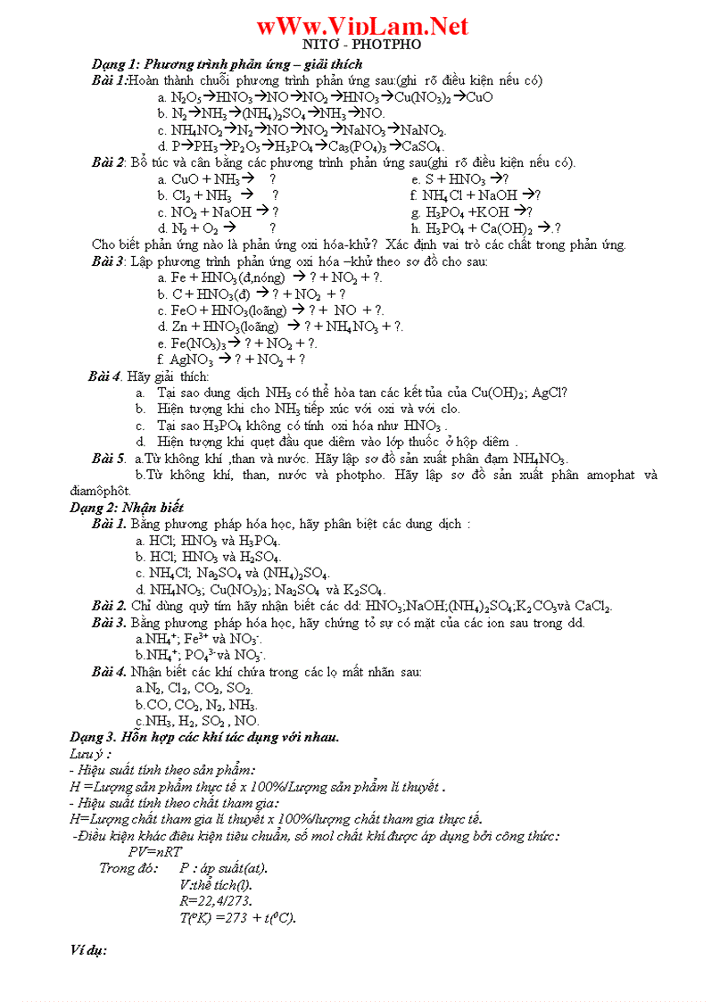 Bài tập về Nitto photpho hóa lóp 11