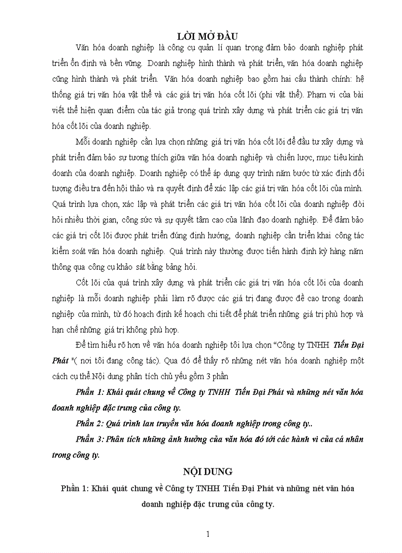 Phân tích những ảnh hưởng của văn hóa doanh nghiệp tới các hành vi của cá nhân trong công ty TNHH Tiến Đại Phát