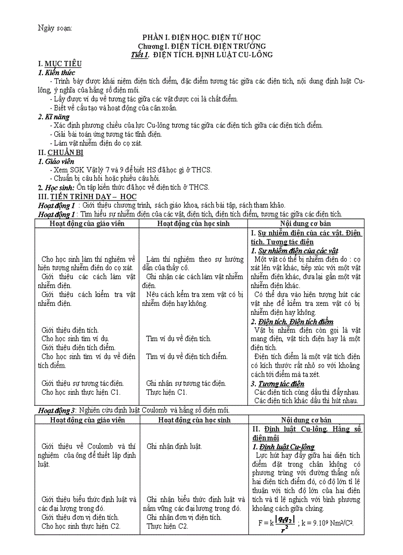 Giáo án điện tử vật lý 11 cơ bản